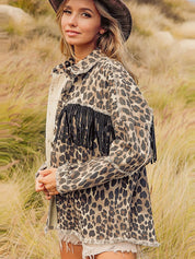 Women's Western Off Duty Leopard Fringe Denim Jacket