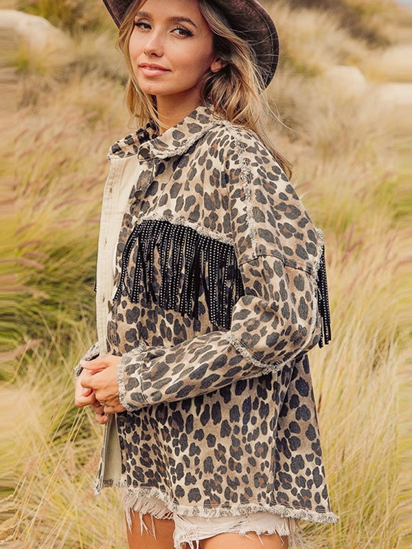 Women's Western Off Duty Leopard Fringe Denim Jacket
