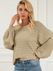 Openwork Boat Neck Puff Sleeve Sweater
