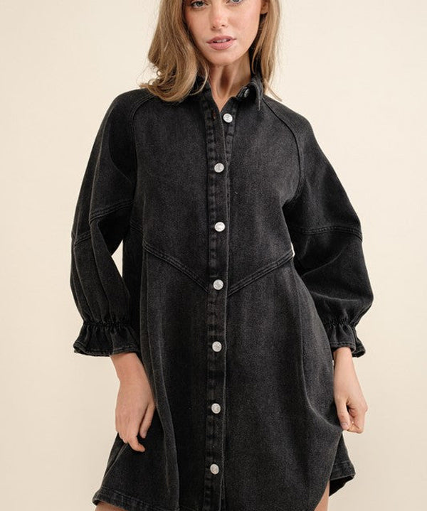 Women's Western Distressed Washed Denim Shirt Dress