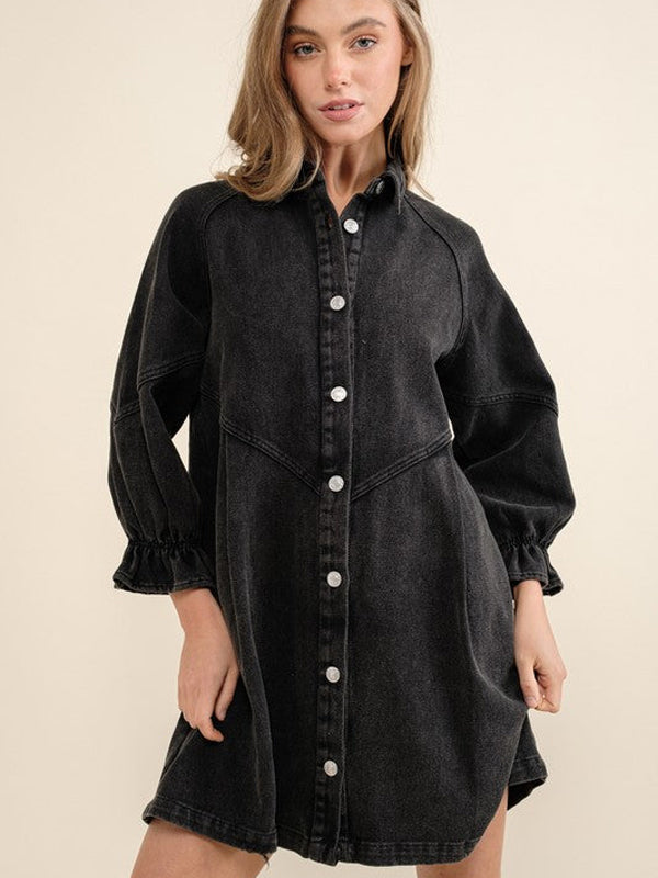 Women's Western Distressed Washed Denim Shirt Dress