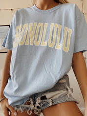 Preppy Light Blue Honolulu Round Neck T-Shirt