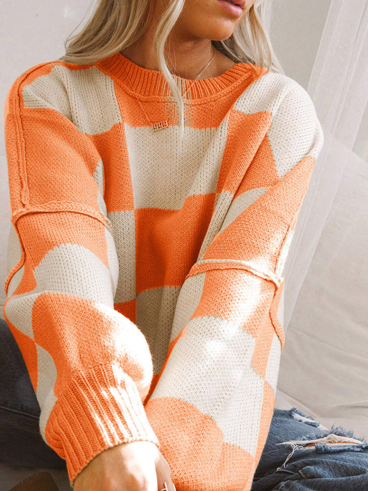 Chic Plaid Exposed Seam Bishop Sleeve Knit Sweater