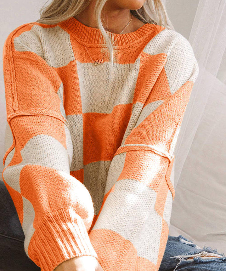Chic Plaid Exposed Seam Bishop Sleeve Knit Sweater