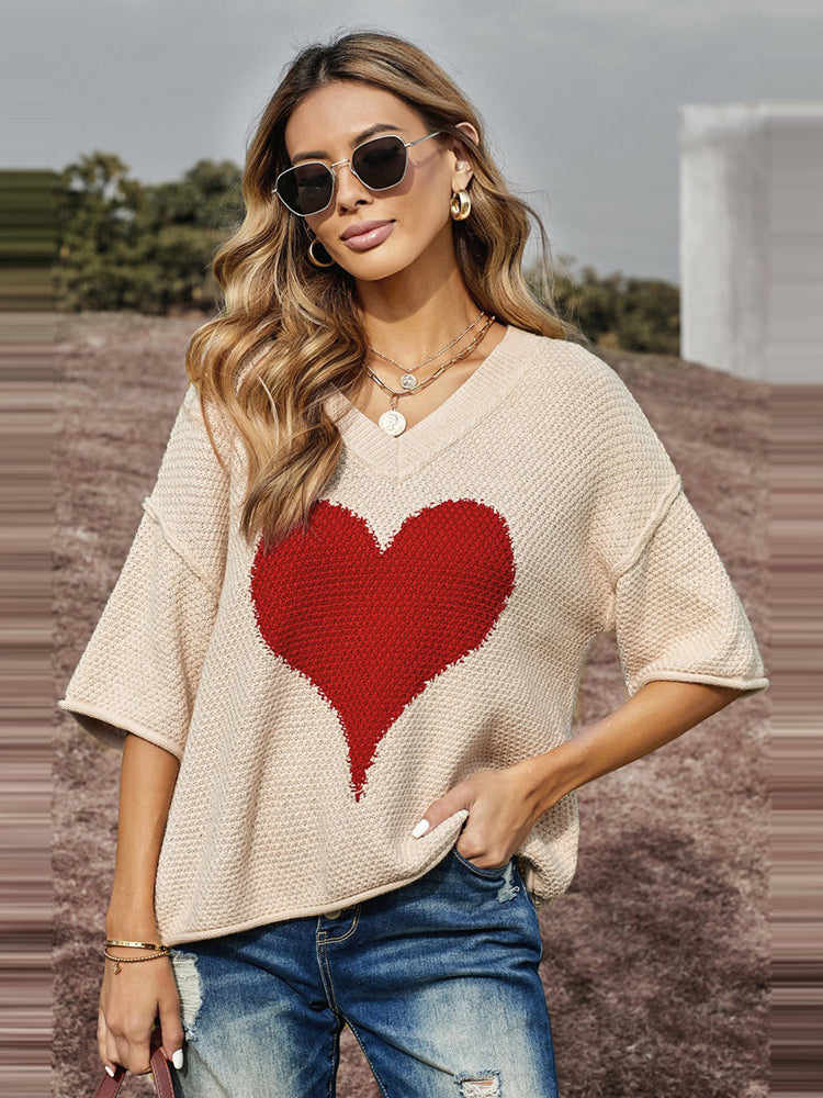 Women's V-Neck Mid Dropped Sleeve Heart Slouchy Sweater
