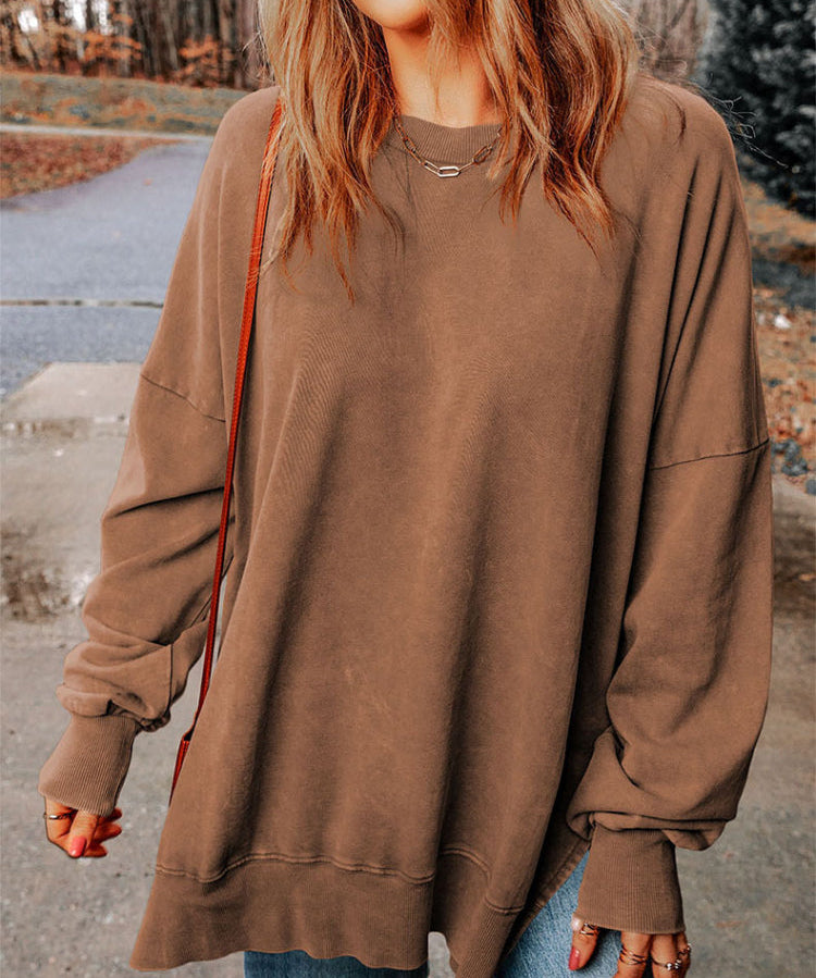 Women's Classic Solid Side Slit Crewneck Sweatshirt