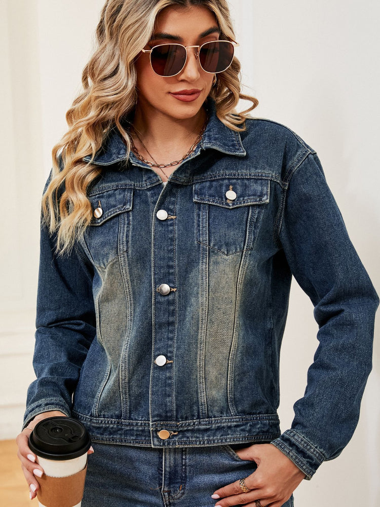 Women's Distressed Button-Up Lapel Denim Bike Jacket