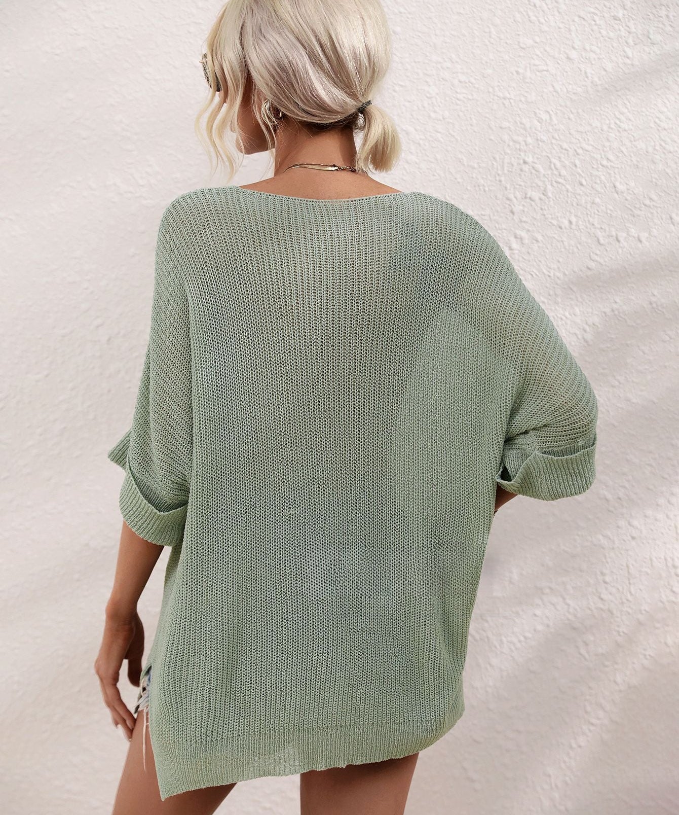 Boat Neck Cuffed Sleeve Slit Tunic Knit Top