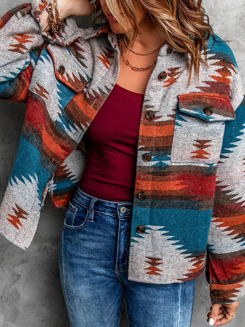 Retro Aztec Pattern Patch Pocket Button Down Shacket