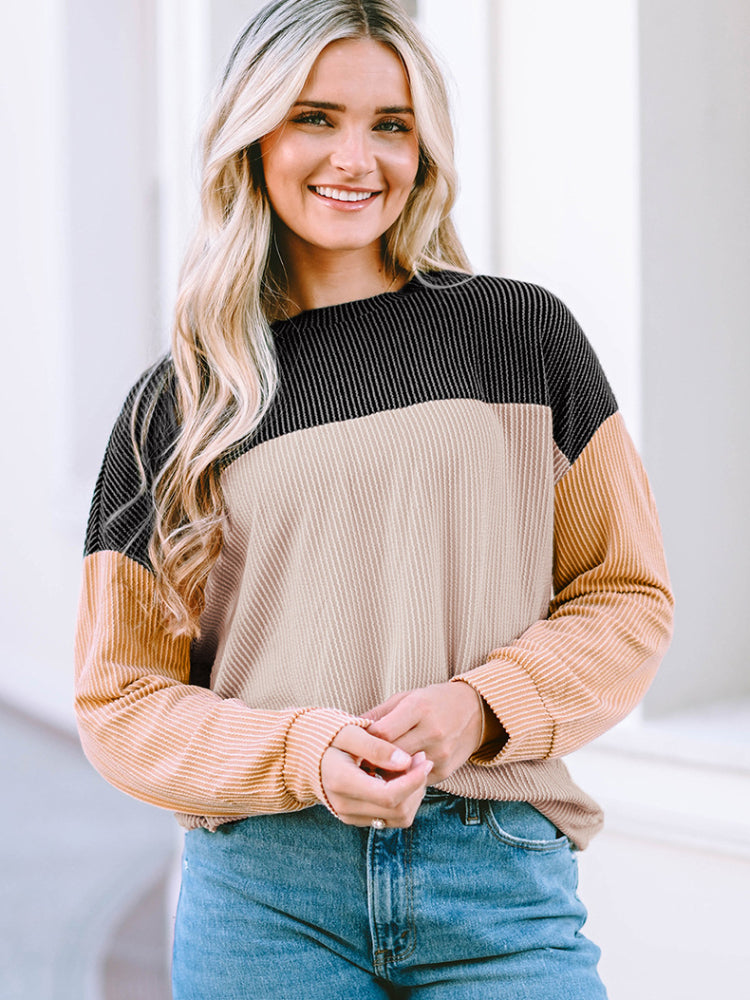 Chic Ribbed Color Block Knit Pullover Sweater