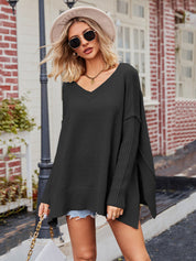 Women's Ribbed V Neck Side Split Knit Pullover Jumper
