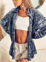 Women's Solid Button Front Crushed Velvet Blouse