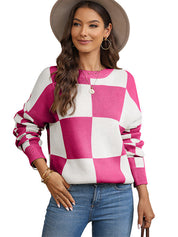 Jersey de punto con cuello redondo y estampado a cuadros chic