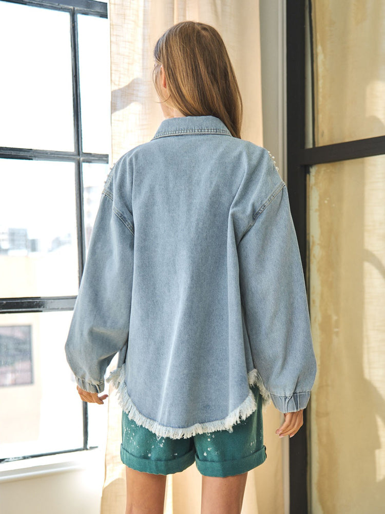 Women's Retro Pretty In Pearls Raw Hem Denim Jacket
