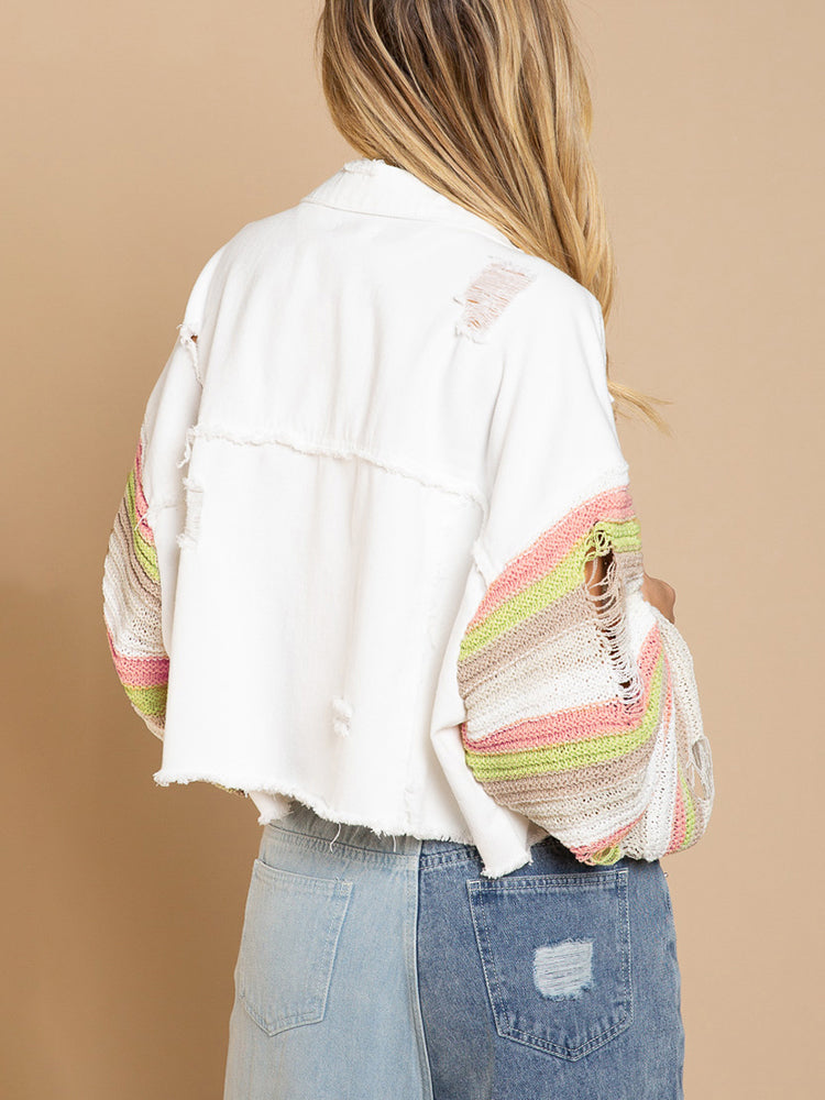 Women's Distressed Striped Long Sleeve Denim Jacket