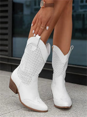 Western-Style Perforated Mid-Calf Boots with Pull Tabs