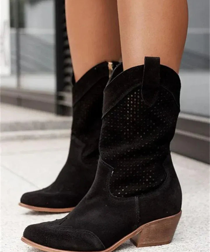 Western-Style Perforated Mid-Calf Boots with Pull Tabs