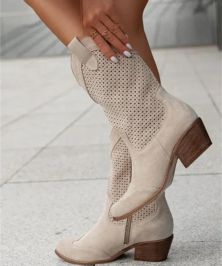 Western-Style Perforated Mid-Calf Boots with Pull Tabs