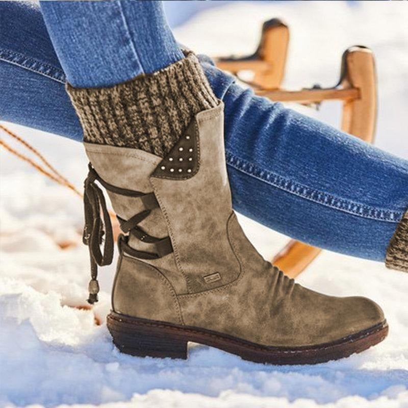 Studded Lace-Back Mid-Calf Boots