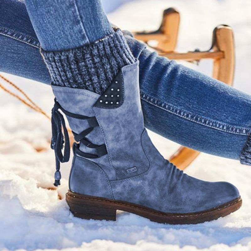 Studded Lace-Back Mid-Calf Boots
