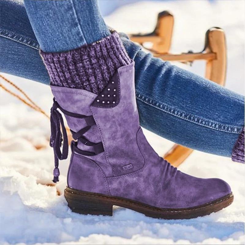 Studded Lace-Back Mid-Calf Boots
