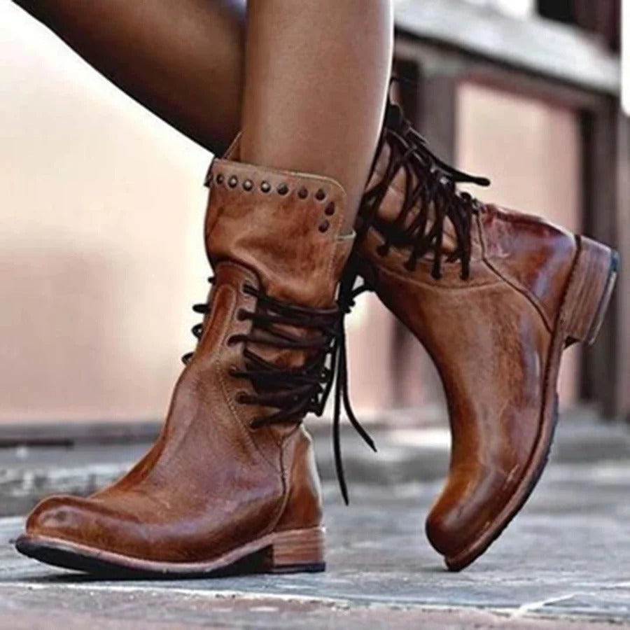 Studded Lace-Up Mid-Calf Boots