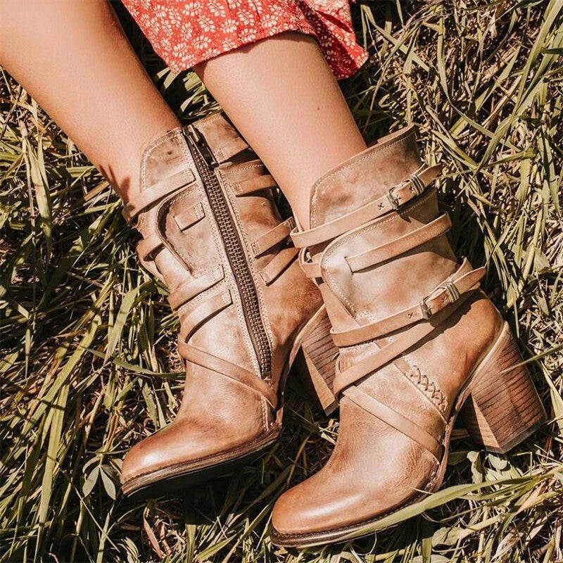 Strappy Block Heel Western Boots