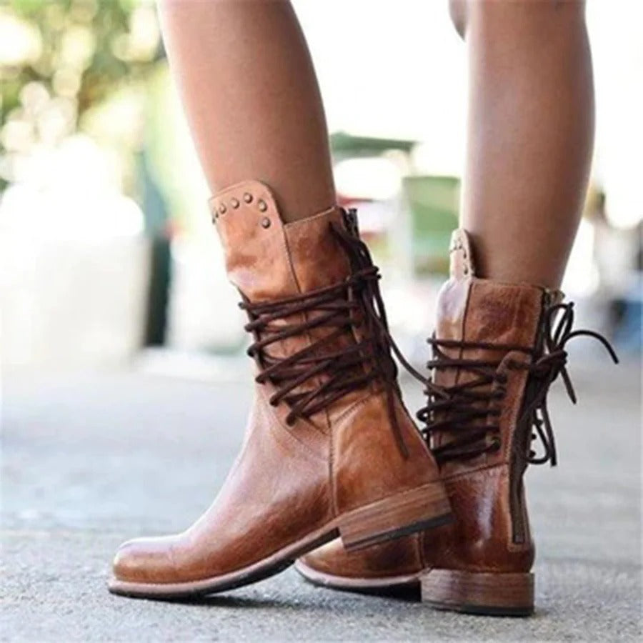 Studded Lace-Up Mid-Calf Boots