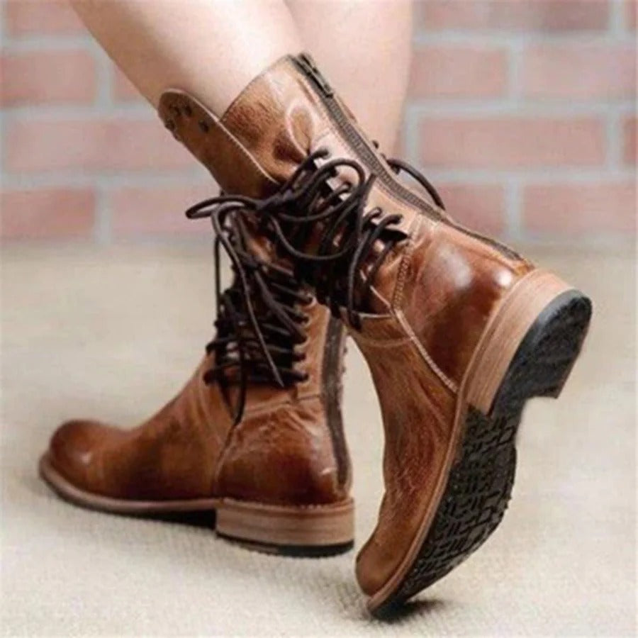 Studded Lace-Up Mid-Calf Boots