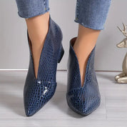 Croc-Embossed V-Cut Ankle Boots