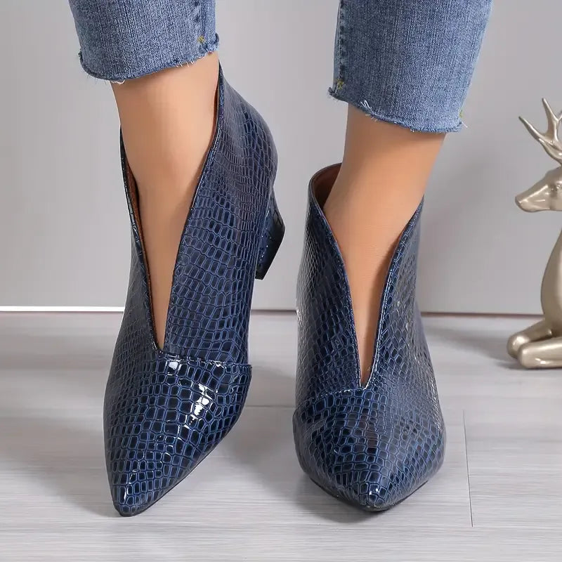 Croc-Embossed V-Cut Ankle Boots
