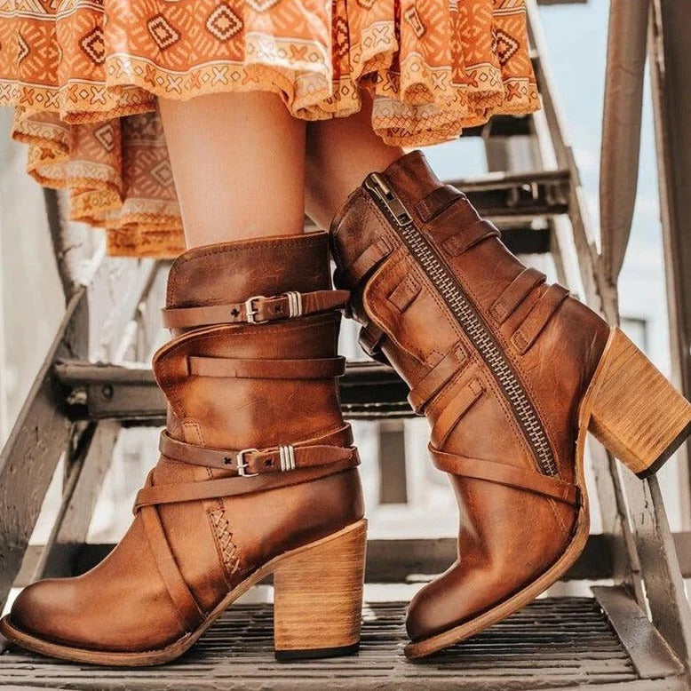 Strappy Block Heel Western Boots