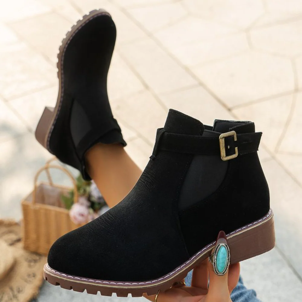Round-Toe Ankle Boots with Side Buckle