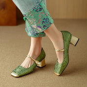 Emerald Gold Block Heel Pumps