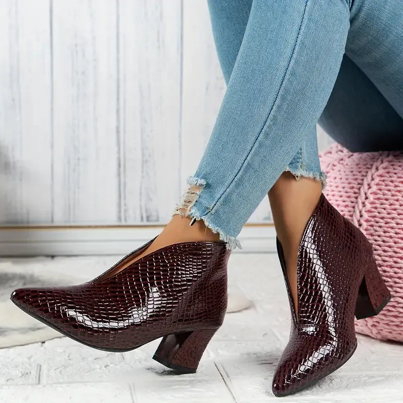Croc-Embossed V-Cut Ankle Boots